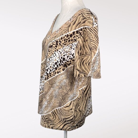 Rebecca Malone Animal Print Short Sleeve Top Crochet Beaded Neckline Size XL - Picture 4 of 9